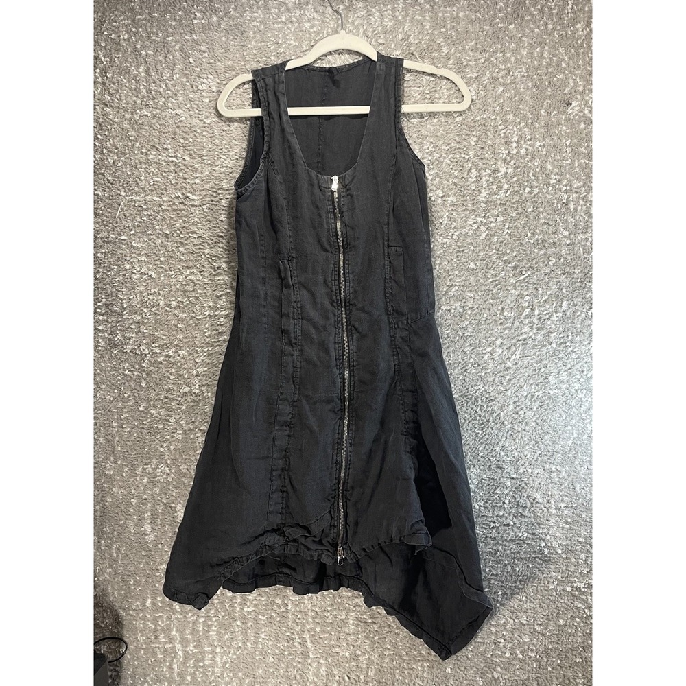 INIZIO Linen Asymmetrical Sundress S Black Full Zip Smoked Italy Made Boho